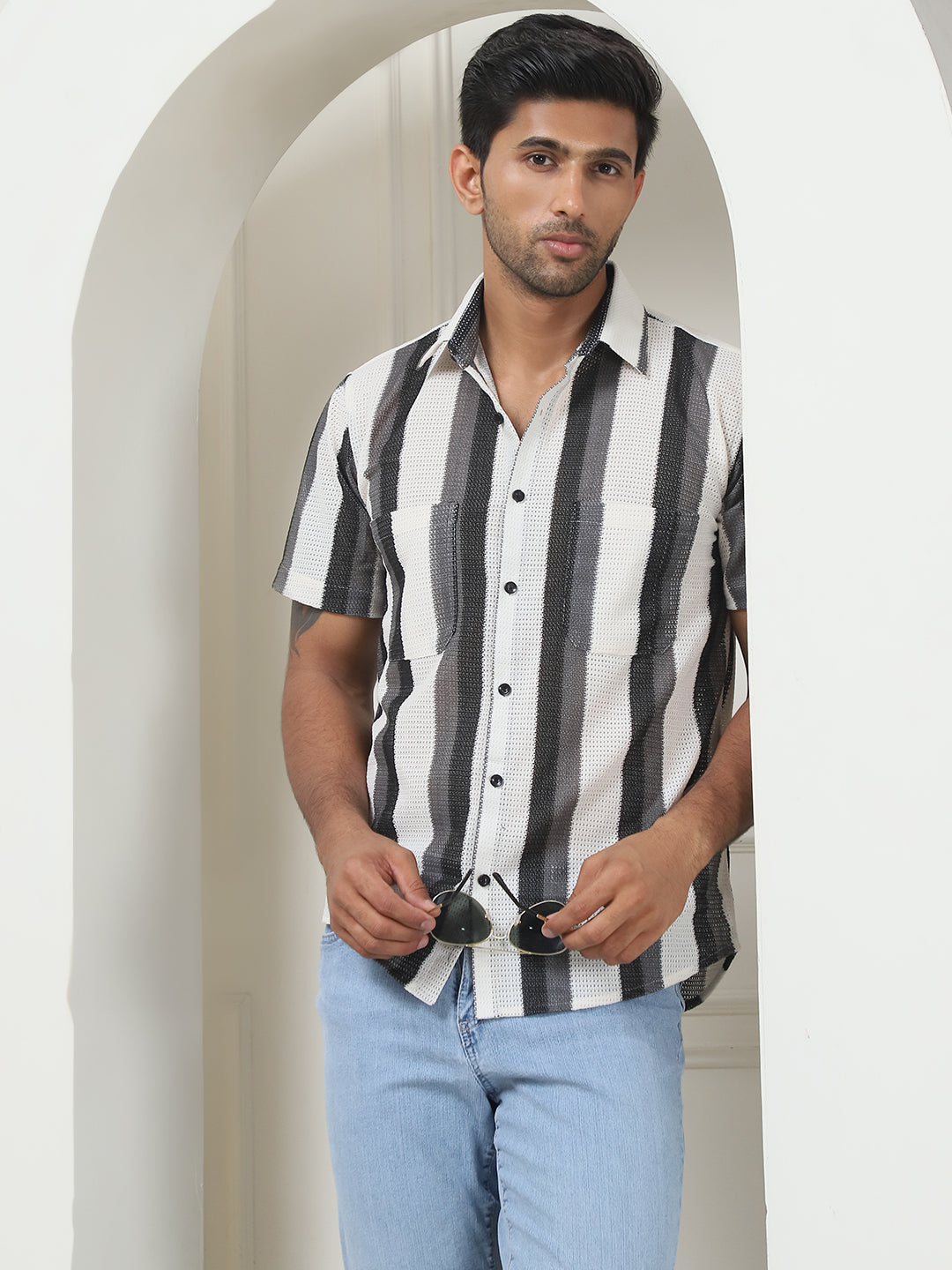 Grey Striped Half Sleeves Shirt - Indian Needle Collection