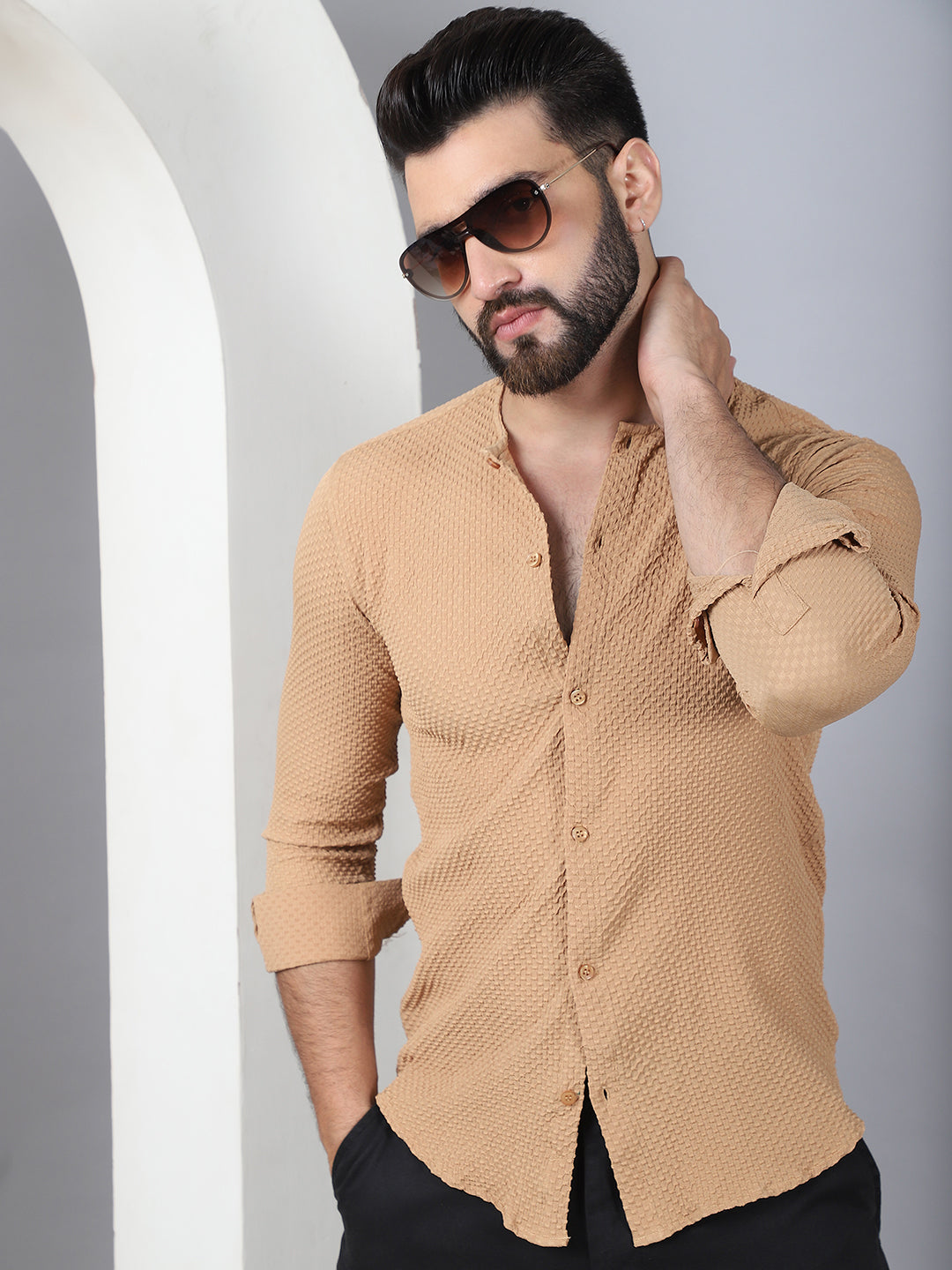 Beige Self Design Cotton Shirt for Men - Front View - Indian Needle
