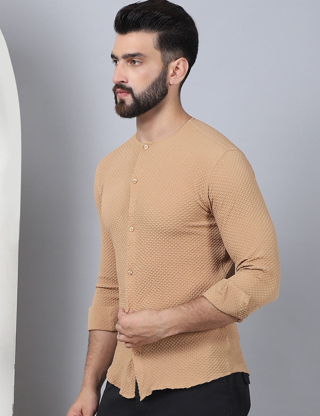 Beige Cotton Shirt Side View - Spread Collar Detail