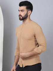 Beige Cotton Shirt Side View - Spread Collar Detail