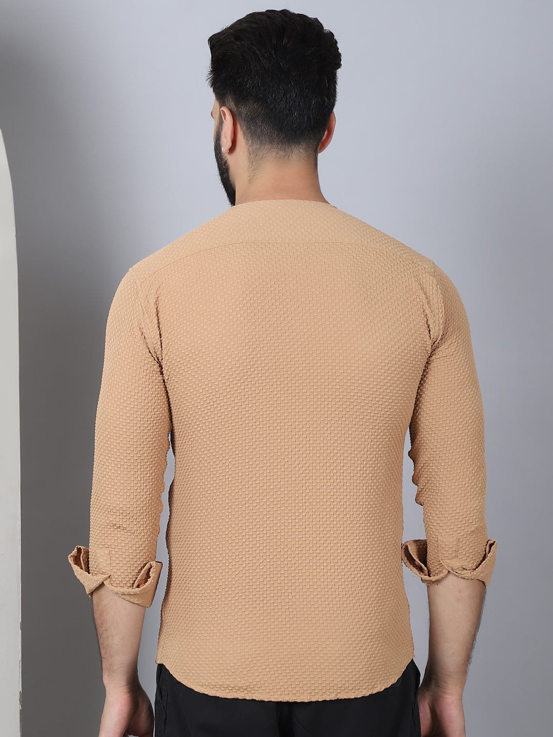 Beige Self Design Shirt Back View - Clean Finish