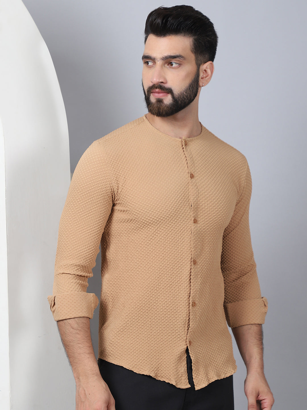 Spread Collar Detail - Beige Men's Shirt - Indian Needle