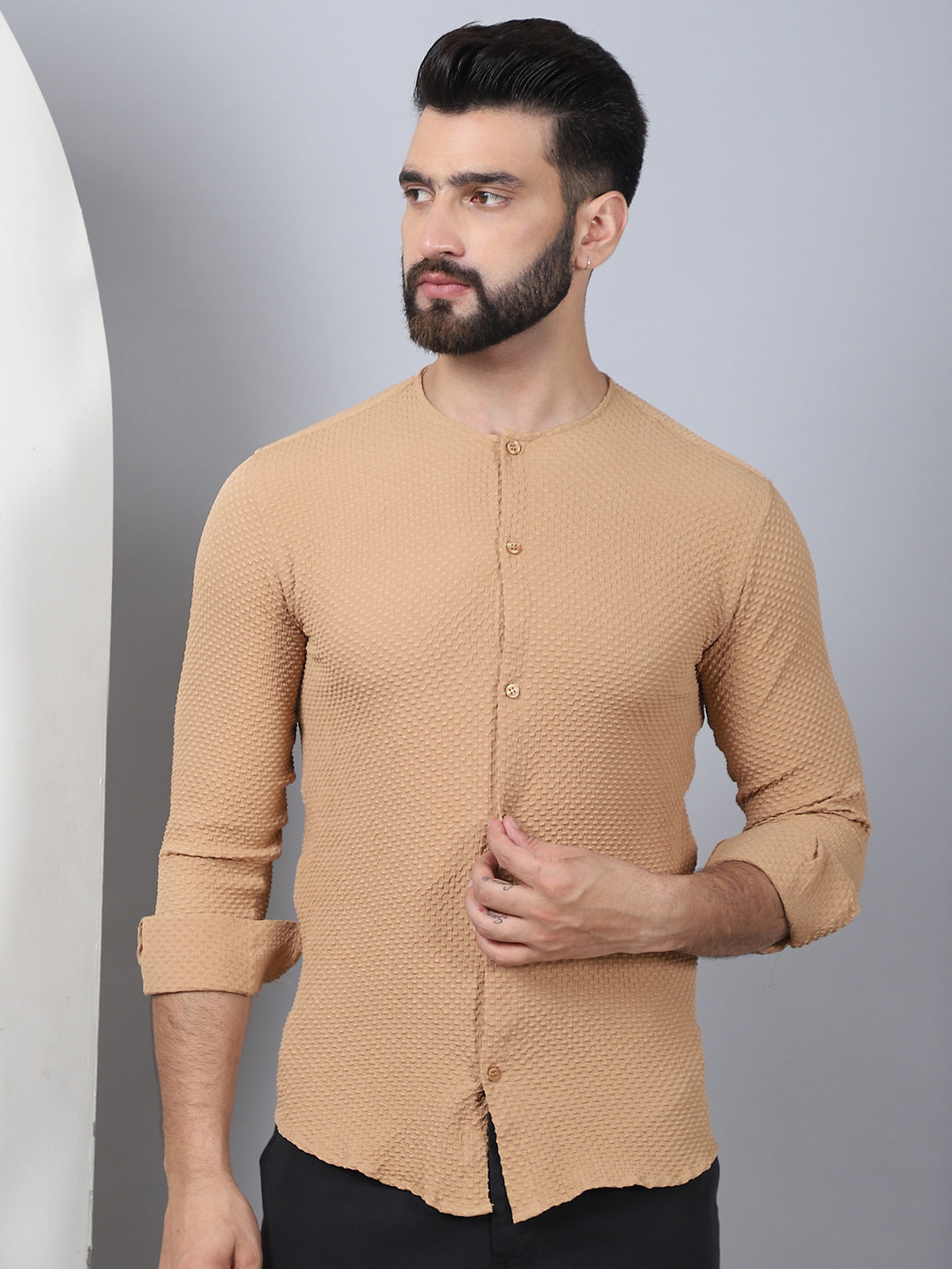Beige Self Design Shirt - Fabric Texture - 70% Cotton 30% Polyester