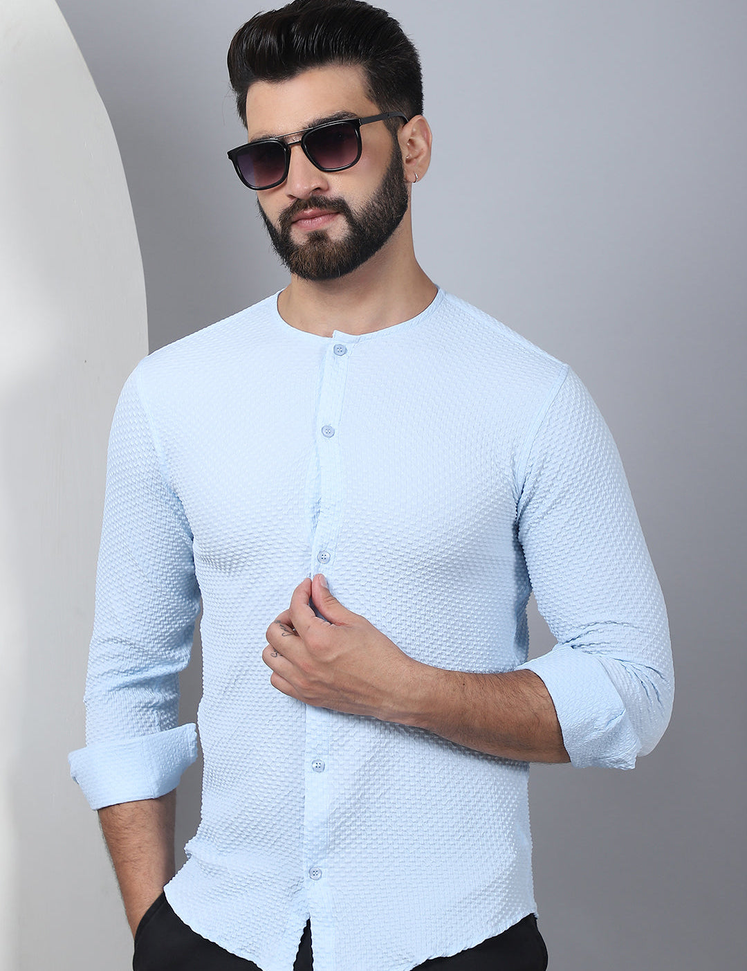 Firozi Self Design Cotton Shirt for Men - Front View - Indian Needle