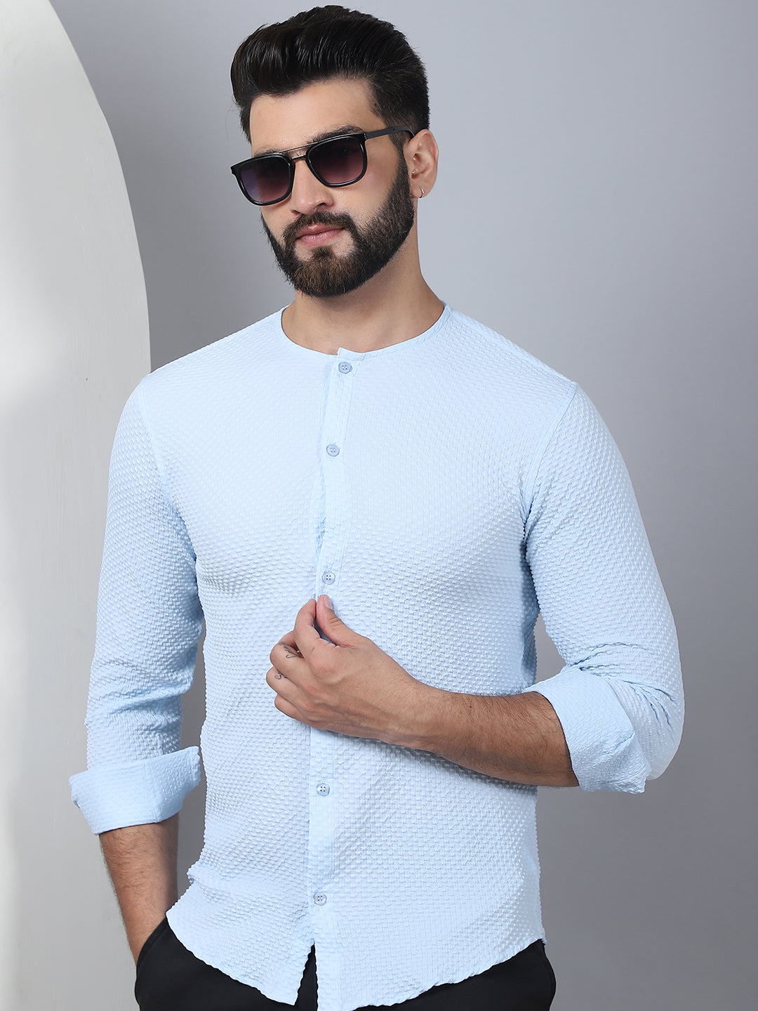 Firozi Self Design Cotton Shirt for Men - Front View - Indian Needle