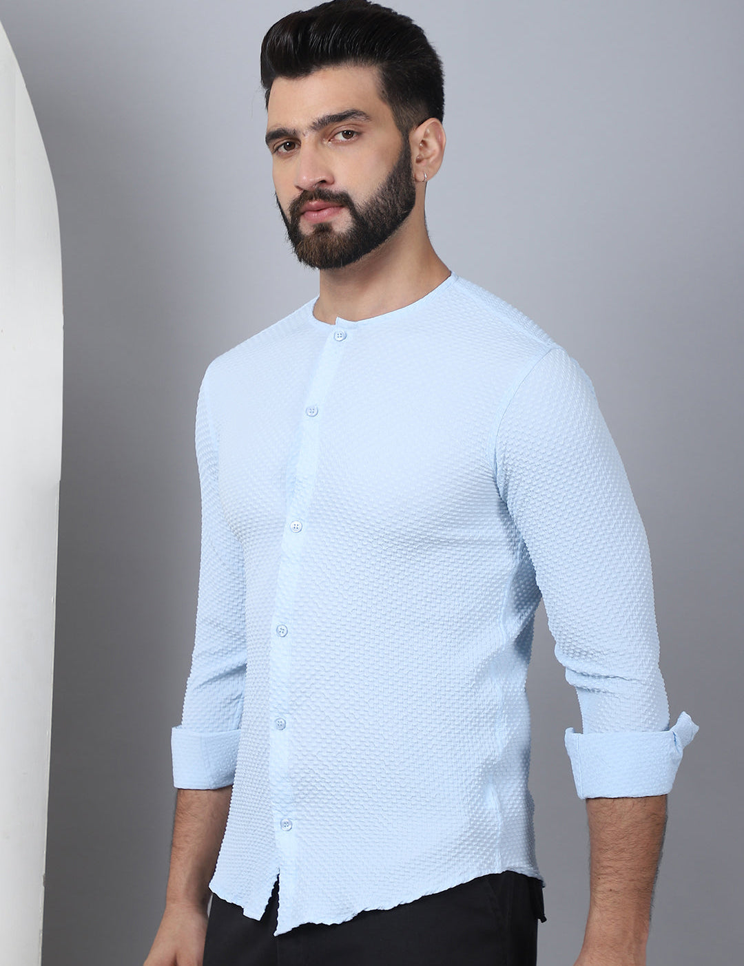 Men's Self Design Shirt in Firozi - Side Profile