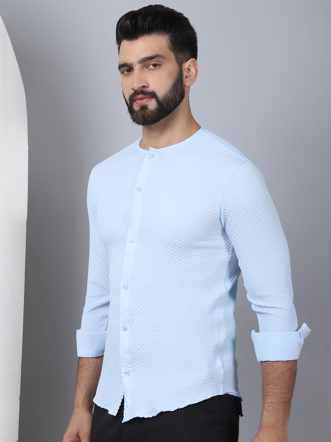 Men's Self Design Shirt in Firozi - Side Profile