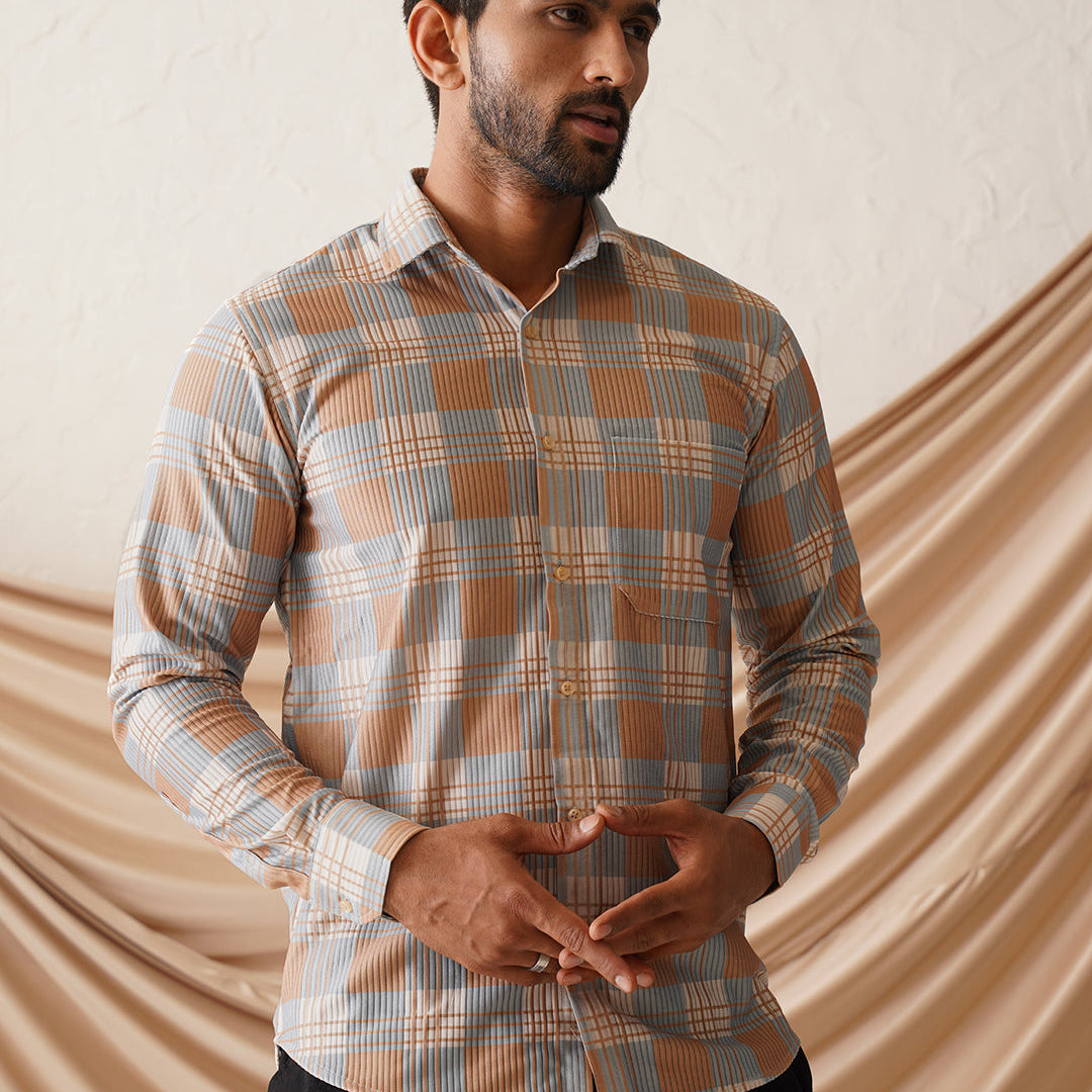 Indian Needle Checked Spread Collar Cotton Casual Shirt for Men in Beige - Front View