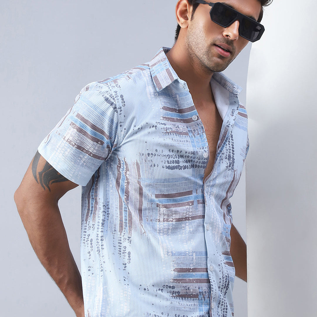 Men's Blue Printed Shirt - Premium 70% Cotton 30% Polyester - Front
