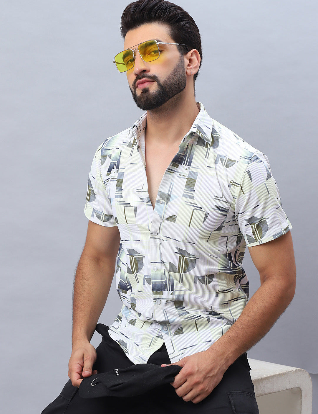  Printed Cotton Shirt for Men - Front View - Indian Needle