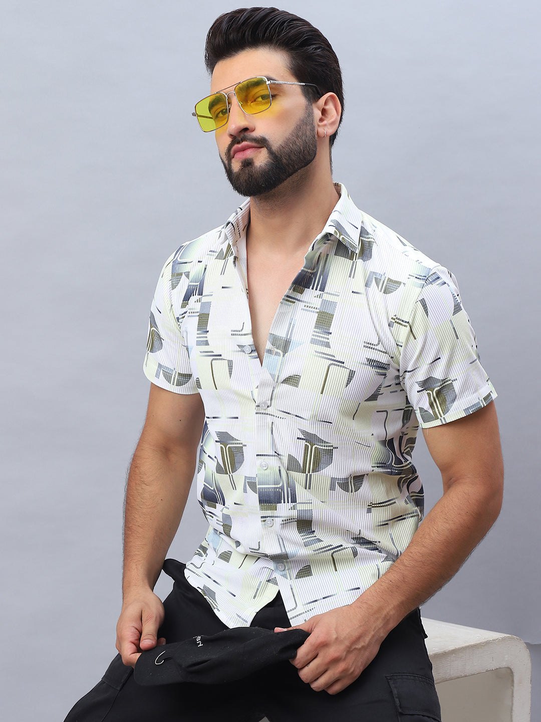  Printed Cotton Shirt for Men - Front View - Indian Needle