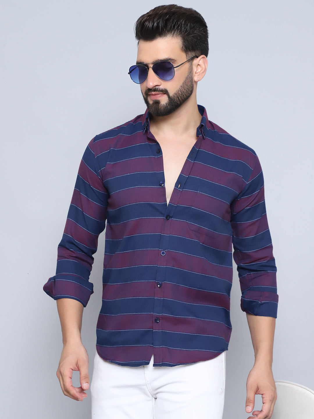 Wine Striped Full Sleeves Shirt - Indian Needle Collection