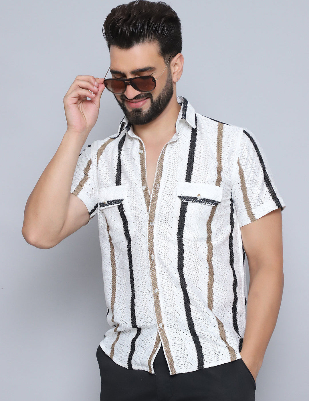 Brown Striped Half Sleeves Shirt - Indian Needle Collection