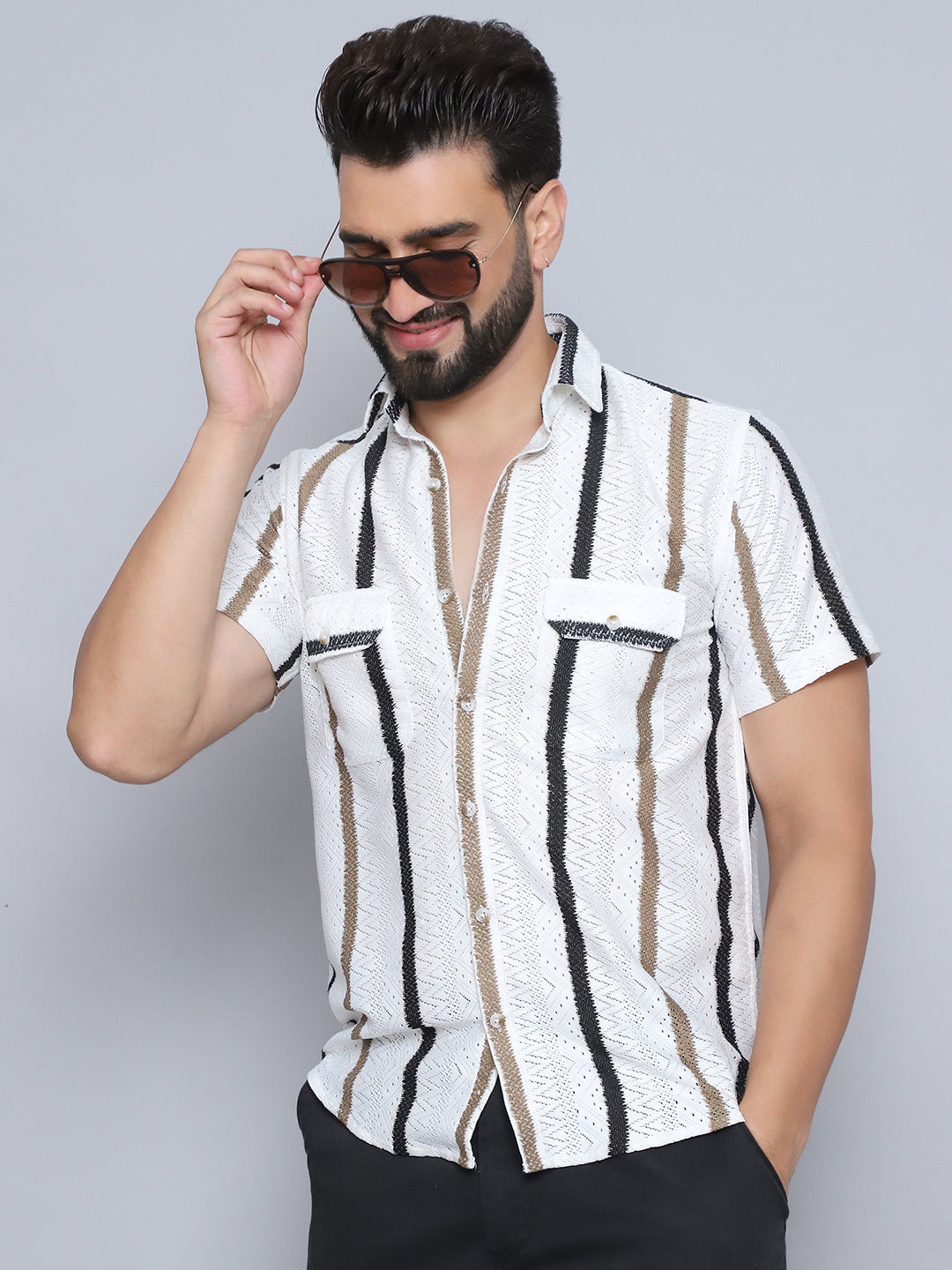 Brown Striped Half Sleeves Shirt - Indian Needle Collection