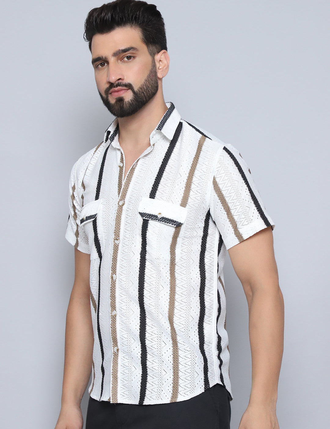 Brown Cotton Shirt Side View - Spread Collar Detail