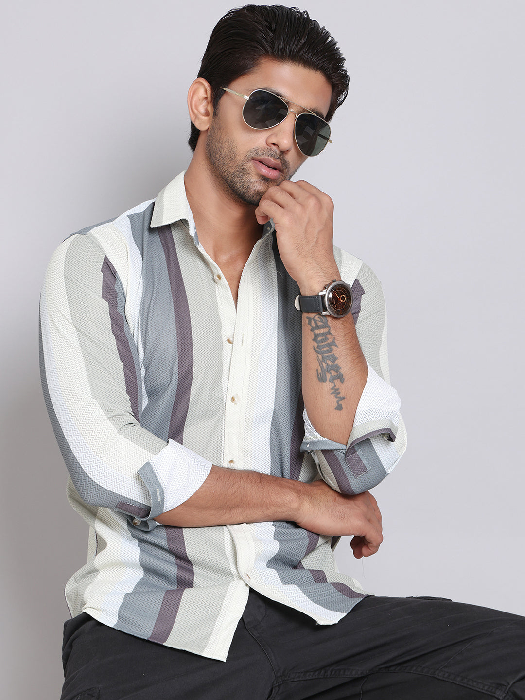 Grey Striped Full Sleeves Shirt - Indian Needle Collection