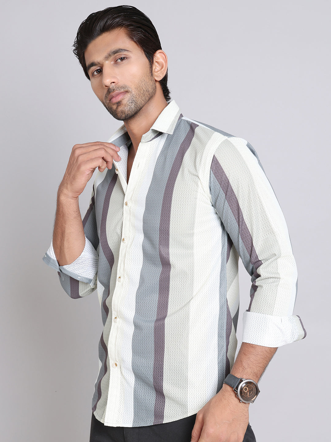 Men's Striped Shirt in Grey - Side Profile