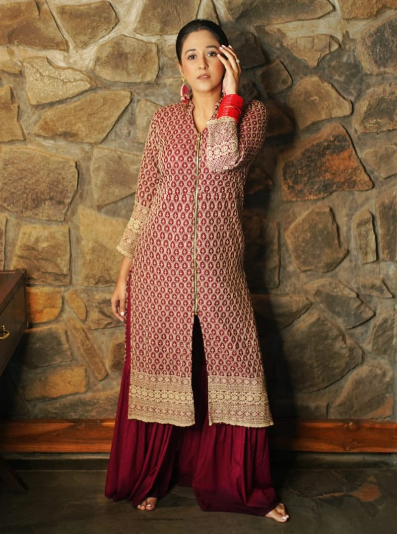 Maroon Embroidered Women Kurta with Sharara