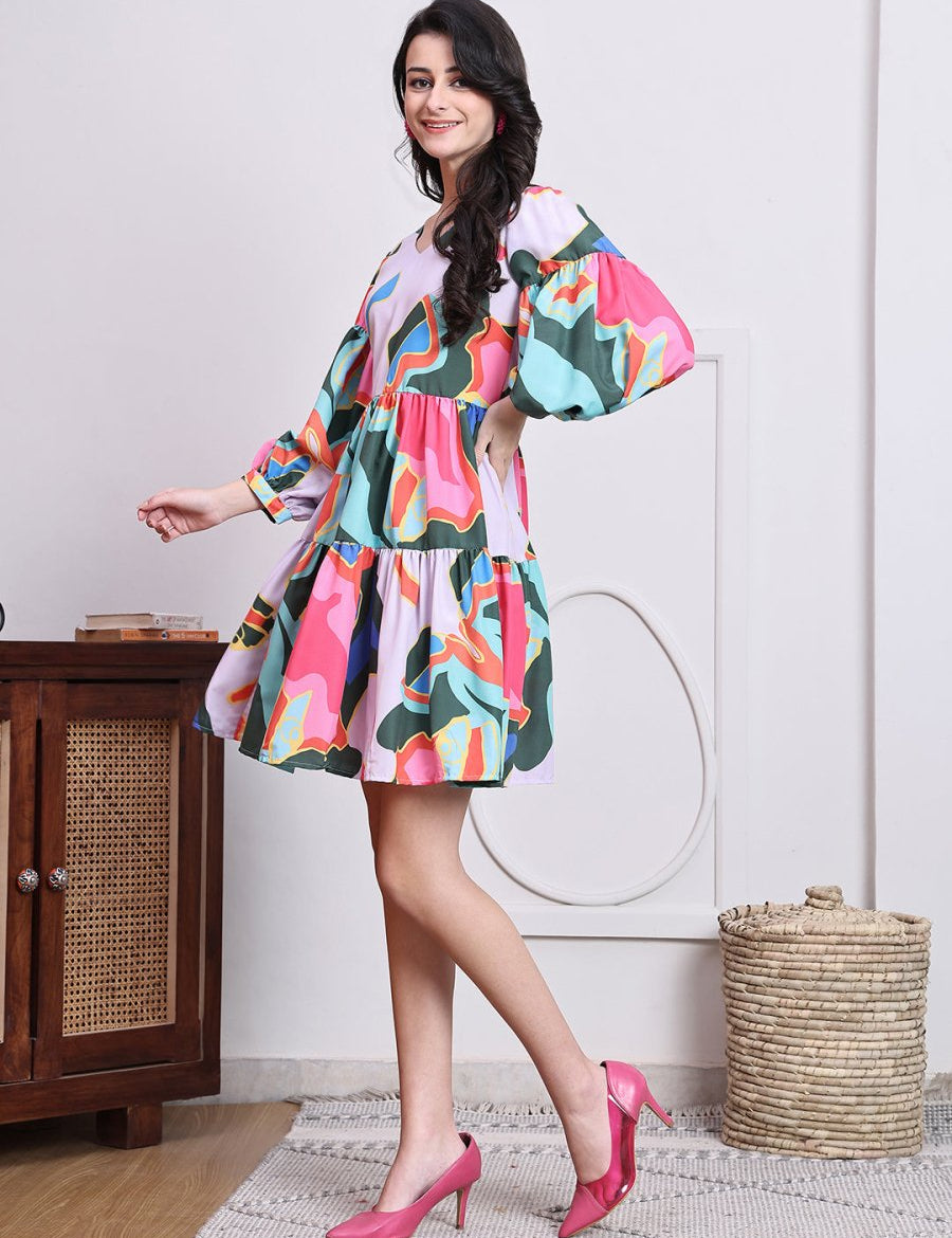 Abstract Printed Deress for Women - JND_1041Pink_XS