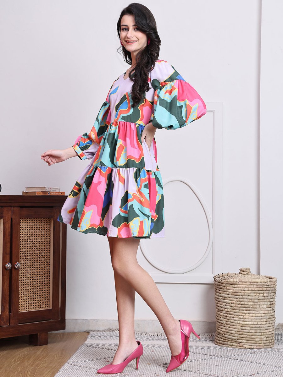 Abstract Printed Deress for Women - JND_1041Pink_XS