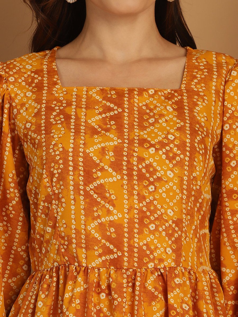 Bandhani Printed Puff Sleeve A-Line Dress - JND_1030Yellow_XS