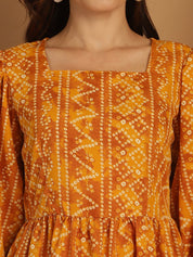 Bandhani Printed Puff Sleeve A-Line Dress - JND_1030Yellow_XS
