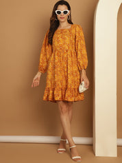Bandhani Printed Puff Sleeve A-Line Dress - JND_1030Yellow_XS