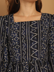 Bandhani Printed Puff Sleeve A-Line Dress - JND_1030Navy_XS