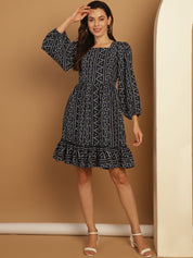 Bandhani Printed Puff Sleeve A-Line Dress - JND_1030Navy_XS