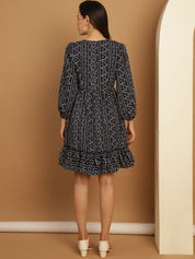 Bandhani Printed Puff Sleeve A-Line Dress - JND_1030Navy_XS