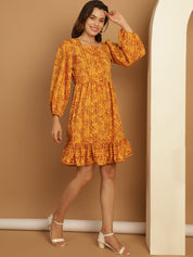 Bandhani Printed Puff Sleeve A-Line Dress - JND_1030Yellow_XS