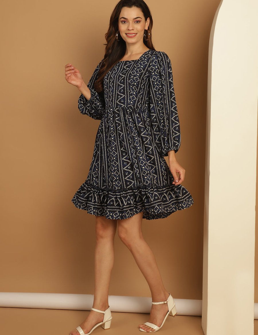 Bandhani Printed Puff Sleeve A-Line Dress - JND_1030Navy_XS