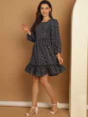 Bandhani Printed Puff Sleeve A-Line Dress - JND_1030Navy_XS