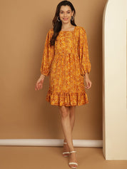 Bandhani Printed Puff Sleeve A-Line Dress - JND_1030Yellow_XS