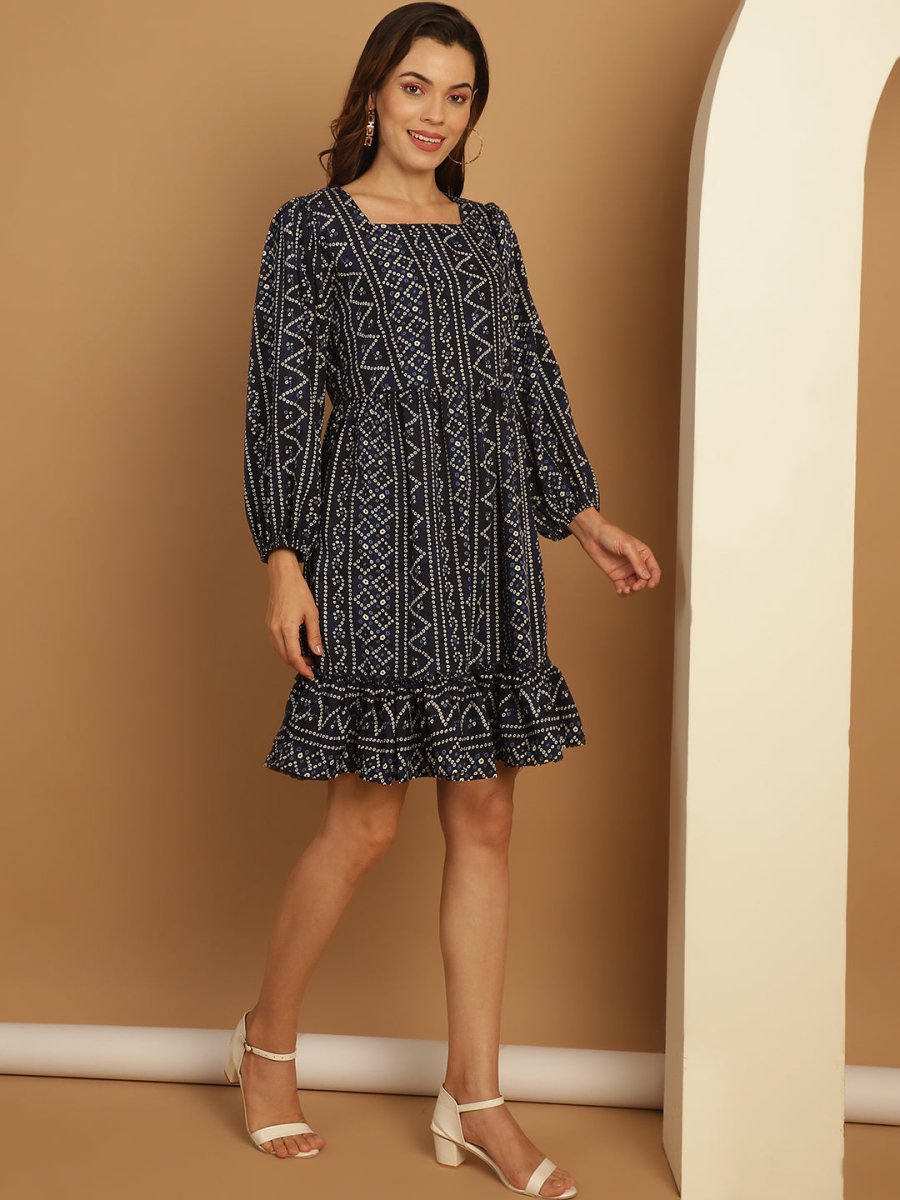Bandhani Printed Puff Sleeve A-Line Dress - JND_1030Navy_XS