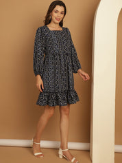 Bandhani Printed Puff Sleeve A-Line Dress - JND_1030Navy_XS