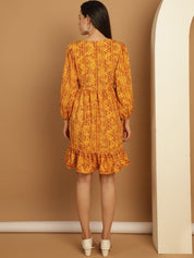 Bandhani Printed Puff Sleeve A-Line Dress - JND_1030Yellow_XS