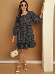 Bandhani Printed Puff Sleeve A-Line Dress - JND_1030Navy_XS