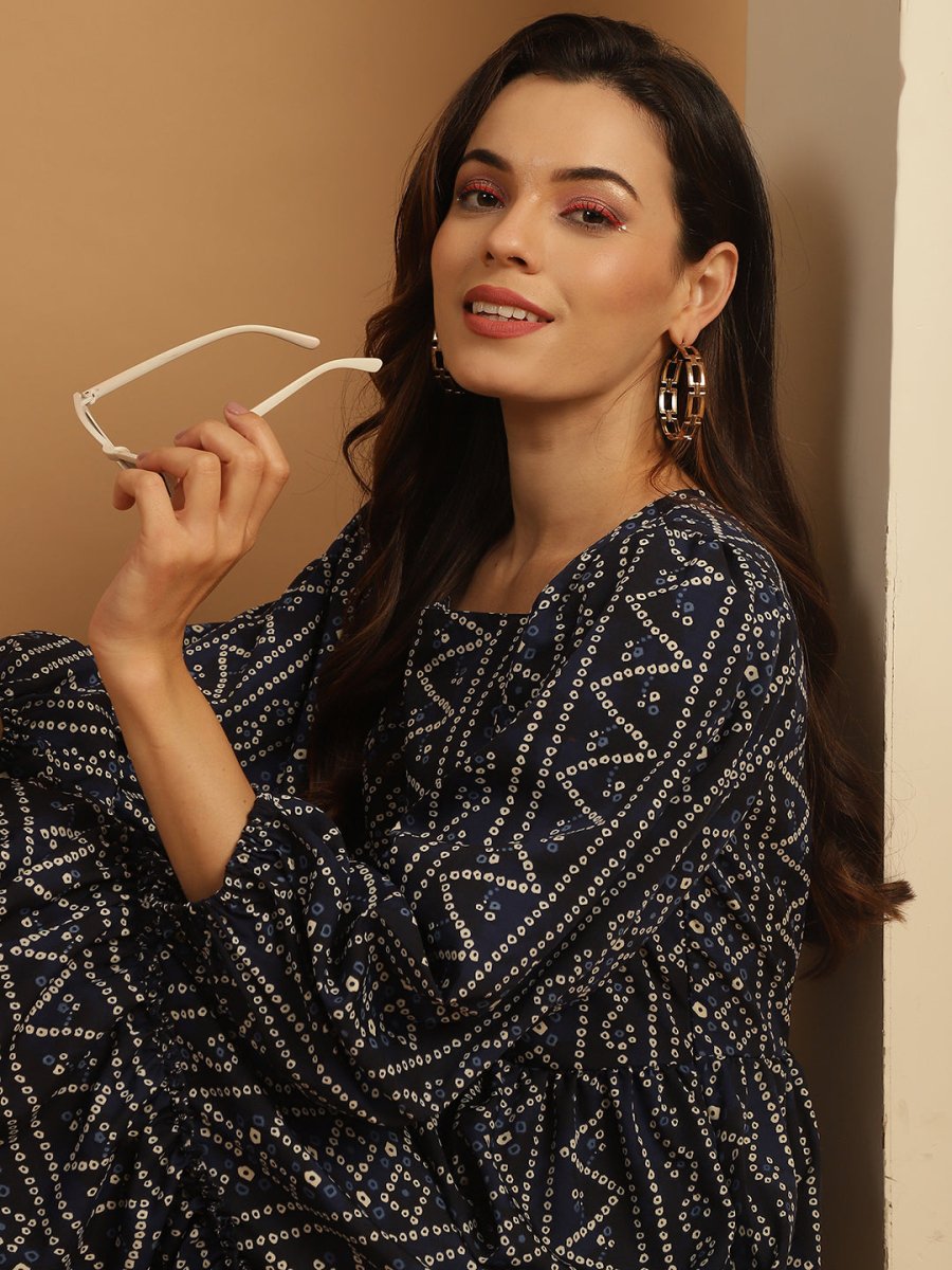 Bandhani Printed Puff Sleeve A-Line Dress - JND_1030Navy_XS
