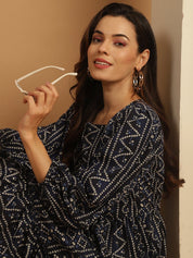 Bandhani Printed Puff Sleeve A-Line Dress - JND_1030Navy_XS