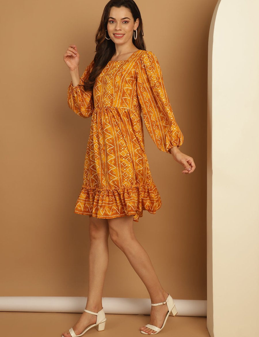 Bandhani Printed Puff Sleeve A-Line Dress - JND_1030Yellow_XS