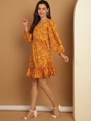 Bandhani Printed Puff Sleeve A-Line Dress - JND_1030Yellow_XS