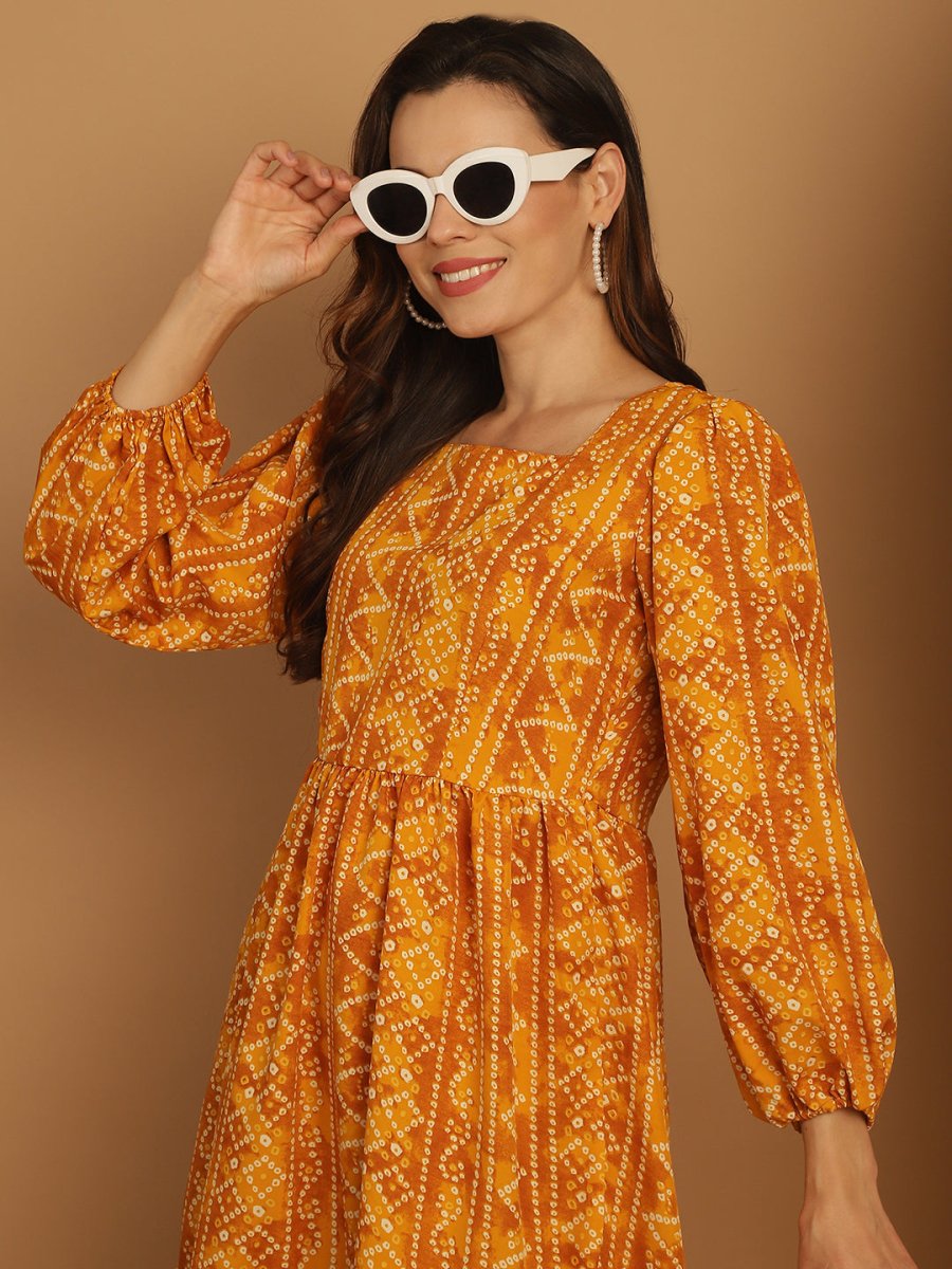 Bandhani Printed Puff Sleeve A-Line Dress - JND_1030Yellow_XS