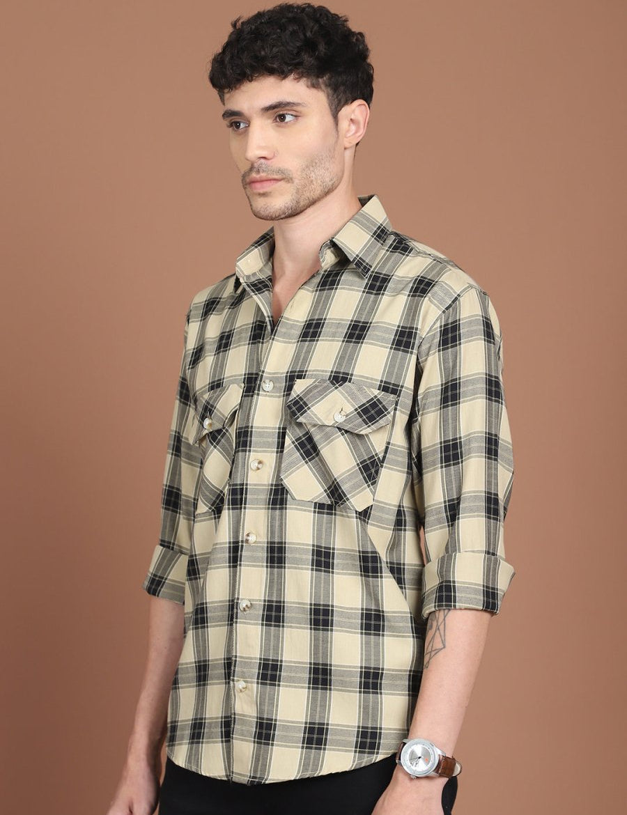 Beige Checked Cotton Shirt for Men - SF_9030Beige_S