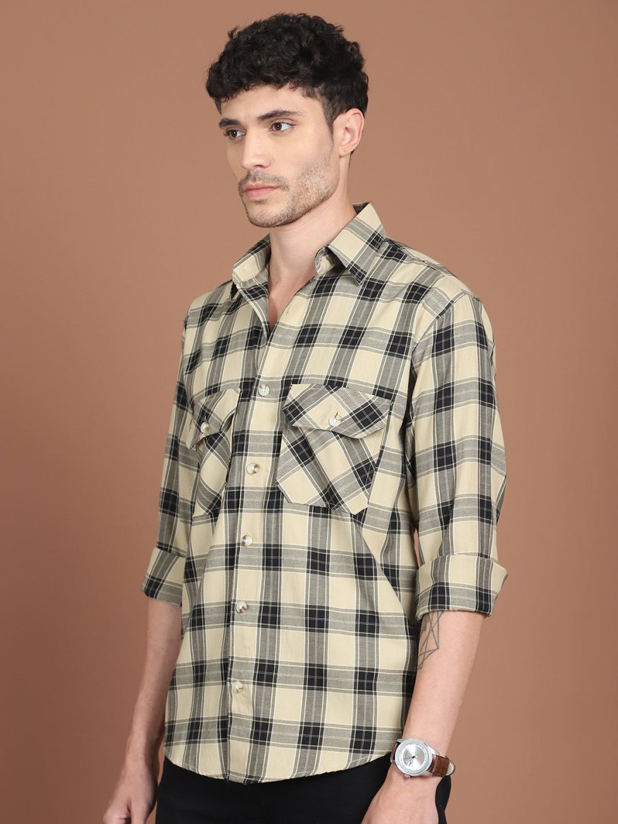 Beige Checked Cotton Shirt for Men - SF_9030Beige_S