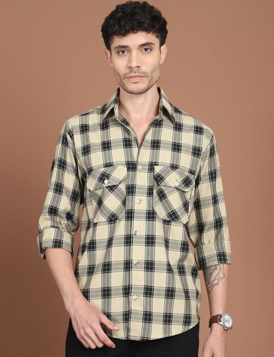 Beige Checked Cotton Shirt for Men - SF_9030Beige_S