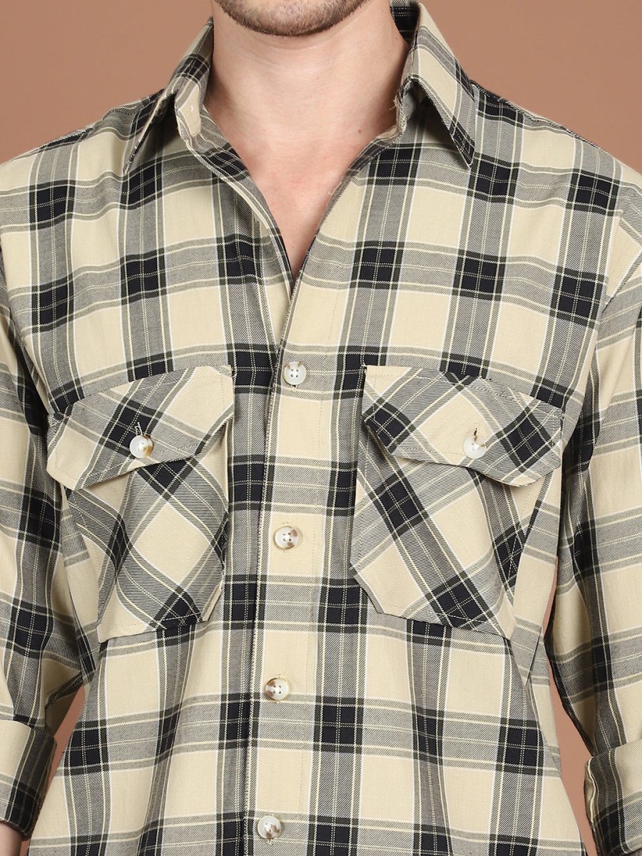 Beige Checked Cotton Shirt for Men - SF_9030Beige_S