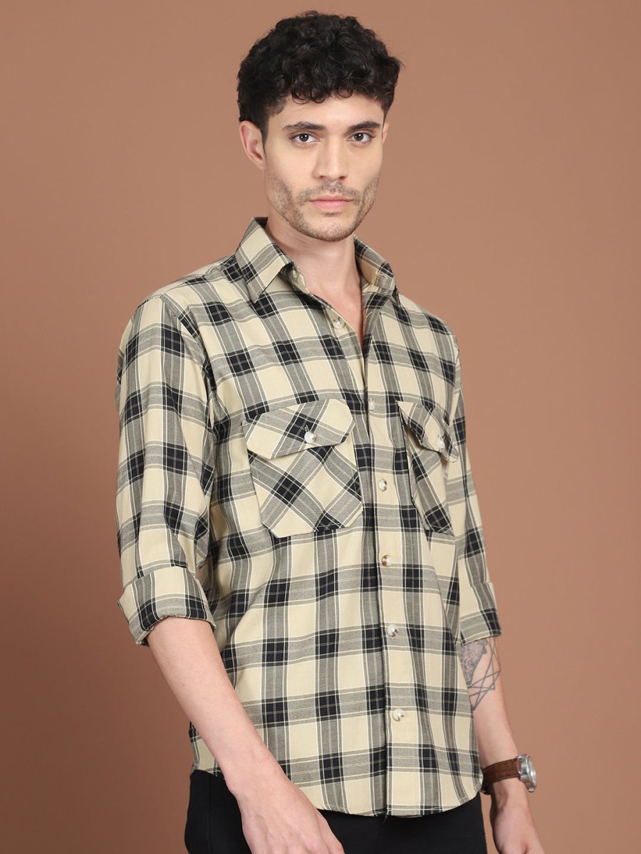 Beige Checked Cotton Shirt for Men - SF_9030Beige_S