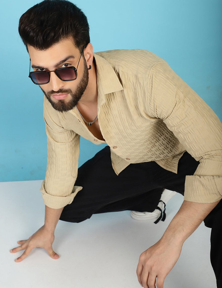 Beige Self Design Cotton Formal Shirt for Men - SF_928Beige_S
