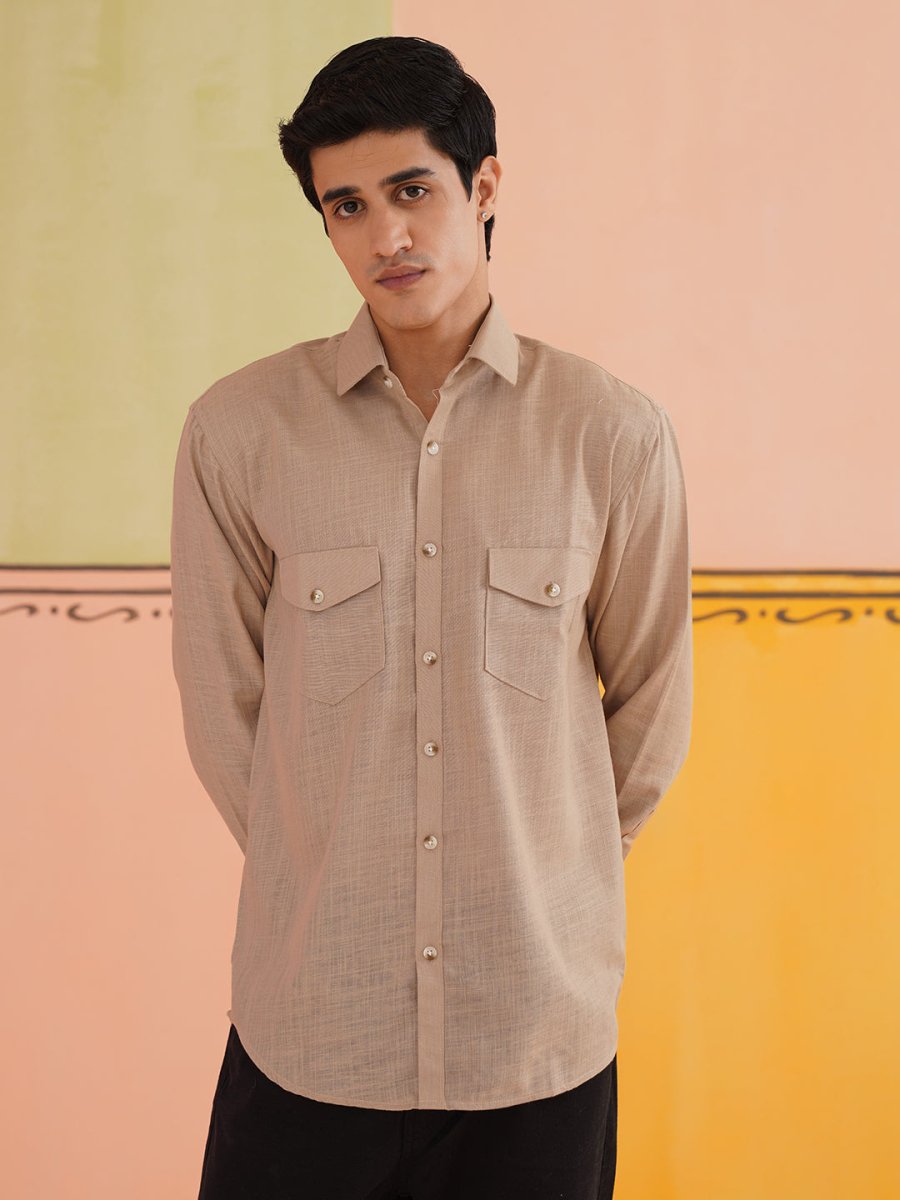 Beige Solid Cotton Formal Shirt for Men - SF_9011Beige_S